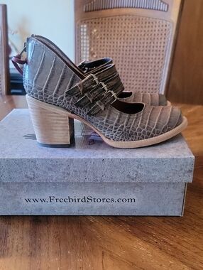 Freebird by Steven Olive Croc-Embossed Triple-Strap Block Heels